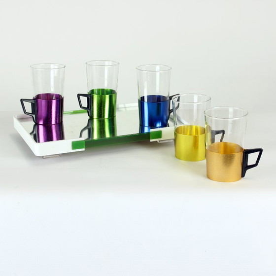 Image 1 of Set Of Colorful Drinking Glasses With A Tray, Czechoslovakia 1960s
