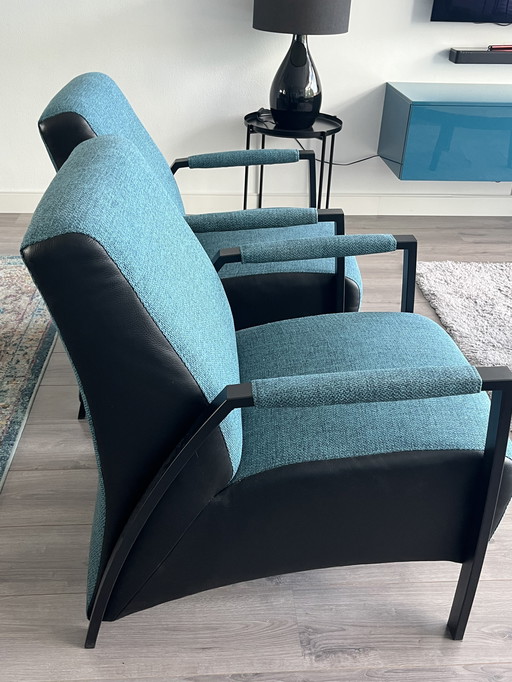 2 Poltrone Grandola, Tessuto/Pelle Turchese/Betrol/Nero