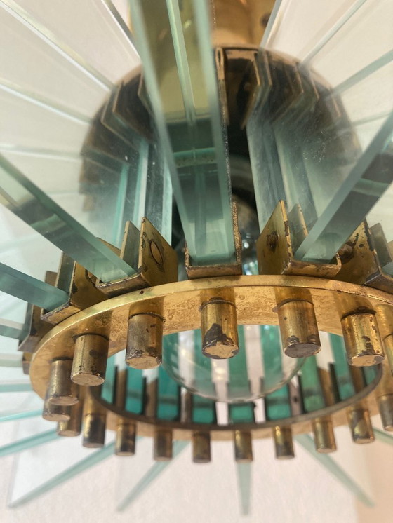 Image 1 of Incredibile grande lampada da incasso in ottone e vetro alla maniera di Fontana Arte ca. 1950s