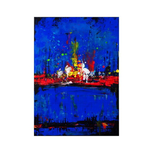 Abstract blue and red colors acrylic painting on stretched canvas