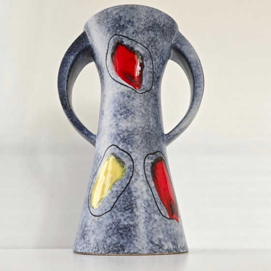 Image 1 of IMPORTANT VINTAGE 1950 VASE WITH 2 HANDLES, RED & YELLOW CERAMIC, 50S ROCKABILLY