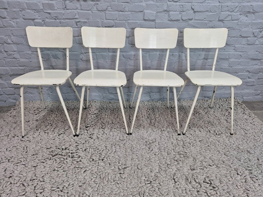 Industrial Wooden Chairs in All-White Finish, Set of Four – The Netherlands, 1950s