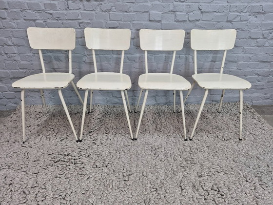 Image 1 of Industrial Wooden Chairs in All-White Finish, Set of Four – The Netherlands, 1950s