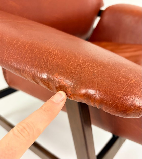 Image 1 of Pair of Brown Leather and Wood Armchairs by Gianfranco Frattini for Cassina. Model: 849. Seat Height: 40 cm. Stamped Cassina.