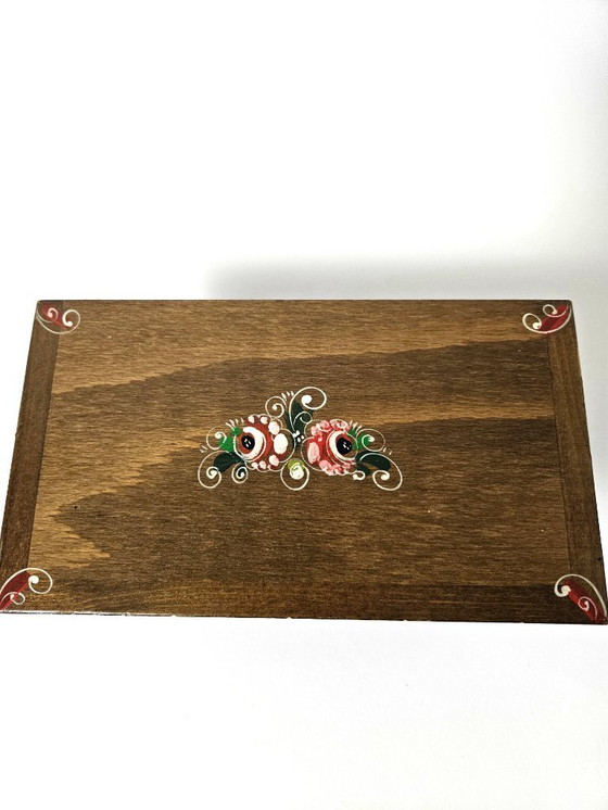 Image 1 of Vintage Wooden Hand Painted Floral German Bauernmalerei Storage Box | Bavarian Folk Art Trinket Box | Alpine Farmhouse Box