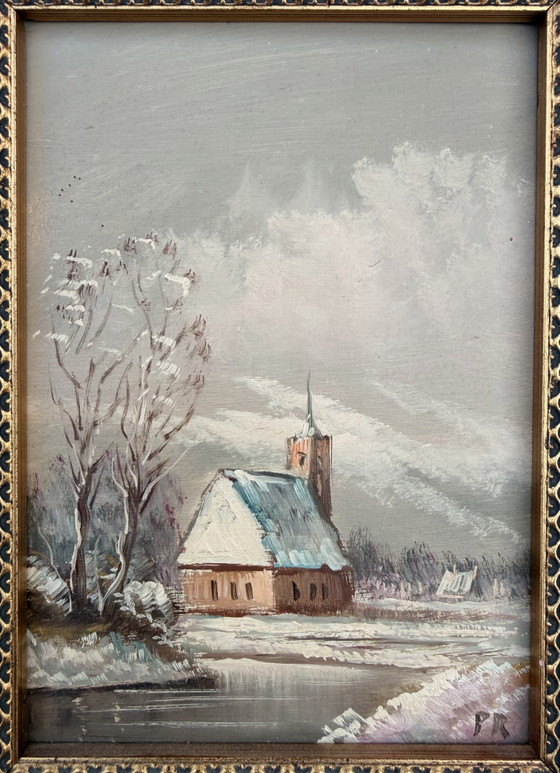 Image 1 of Vintage Oud-Hollands winterlandschap in monumentale goudlijst - Olieverf op hardboard