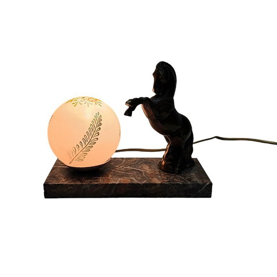Lampe Art Déco française avec cheval, Marbre, Verre, Marron, Art Deco (photo 2 sur 6)