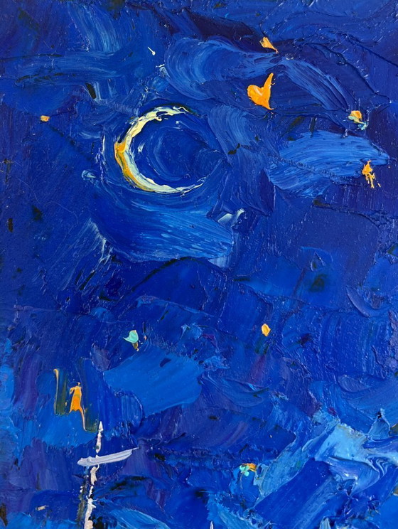 Image 1 of Original Oil Painting Winter Church Landscape Moonlit night over the city