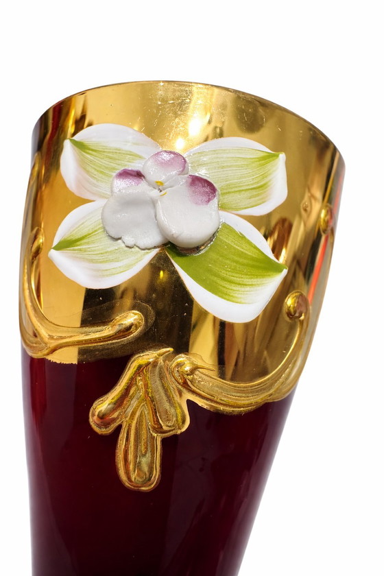 Image 1 of SIGNED MURANO "Tre Fuochi" Liqueur Set – Ruby Red & 24K Gold – Hand-Painted Flowers – 7 Pieces – Vintage Italy