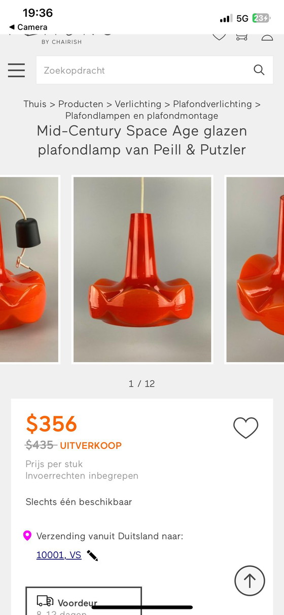 Image 1 of lampe à suspension vintage van Peill & Putzler, verre opalin oranje