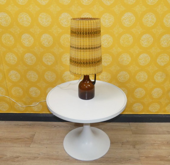 Image 1 of Table lamp 70s amber glass base light yellow patterned pleated shade vintage retro seventies space age flower power