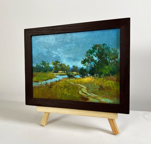 Original Oil Painting Summer Nature Landscape A small flood of the river