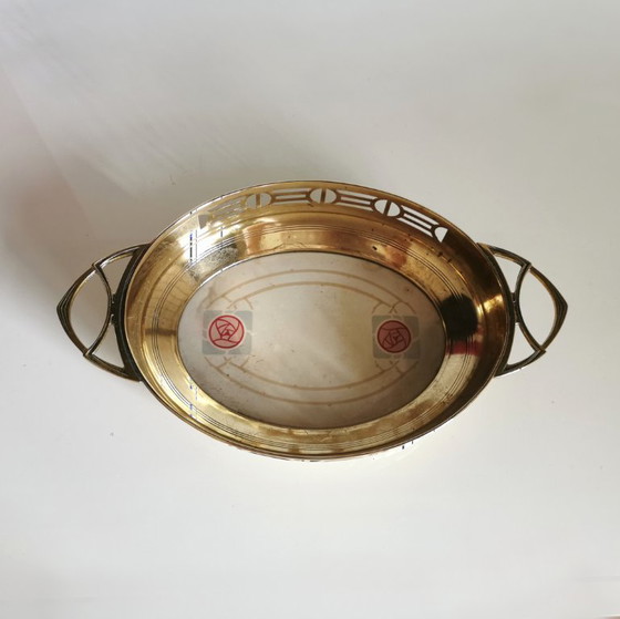 Image 1 of Plateau ancien en porcelaine et laiton Art Déco