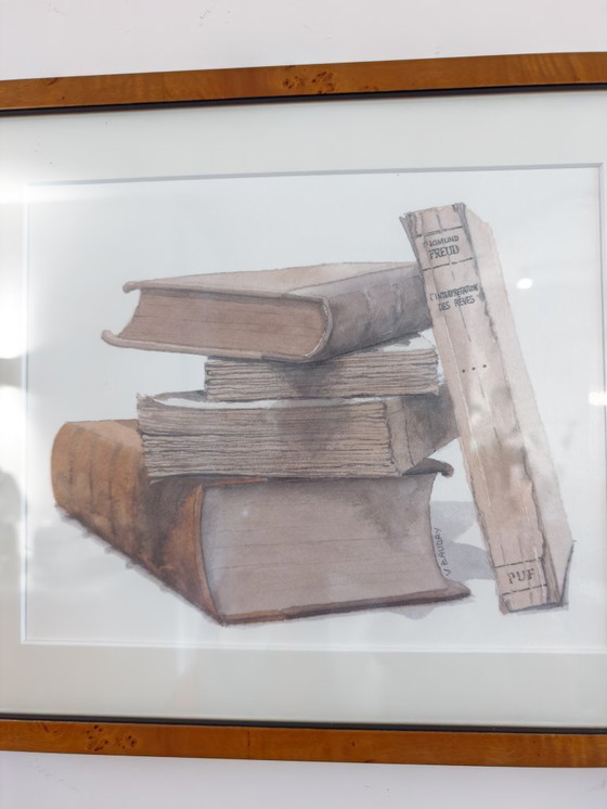 Image 1 of Watercolor paintings of books in burlwood frame, set of 2