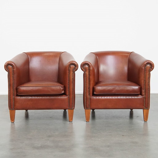 2 x Fauteuil Club de style anglais en cuir de boeuf