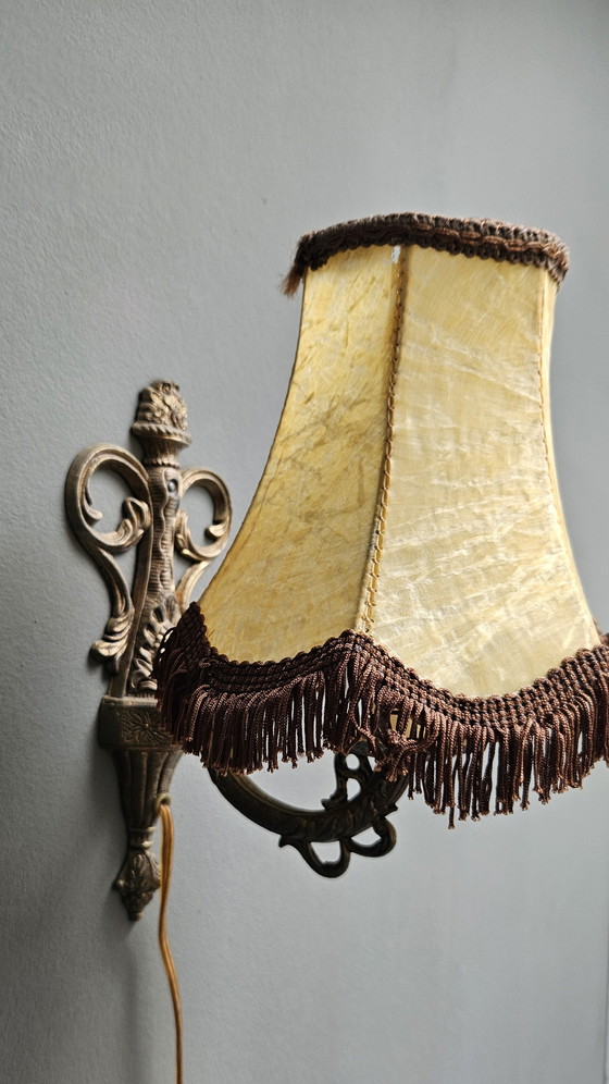 Image 1 of Lampade da parete in stile rococò francese, bronzo con paralumi in pelle