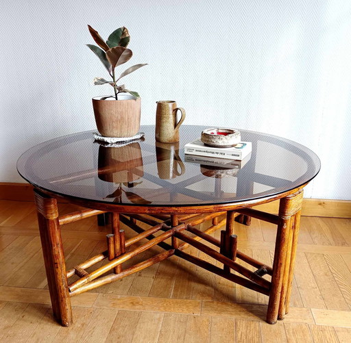 Grande Table Télescopique En Rotin Vers 1970