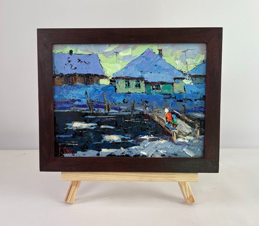 Original Oil Painting Winter River Landscape The evening light of the native house