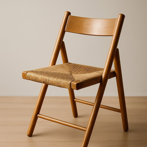 Image 1 of Set of 2 vintage wooden folding chairs with rattan seats – 1970s/1980s kg
