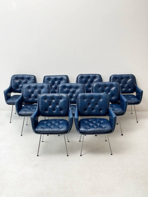 Set of 6: Swiss Mid - Century Chairs in Blue Leather with Velcro Cushions, 1960s