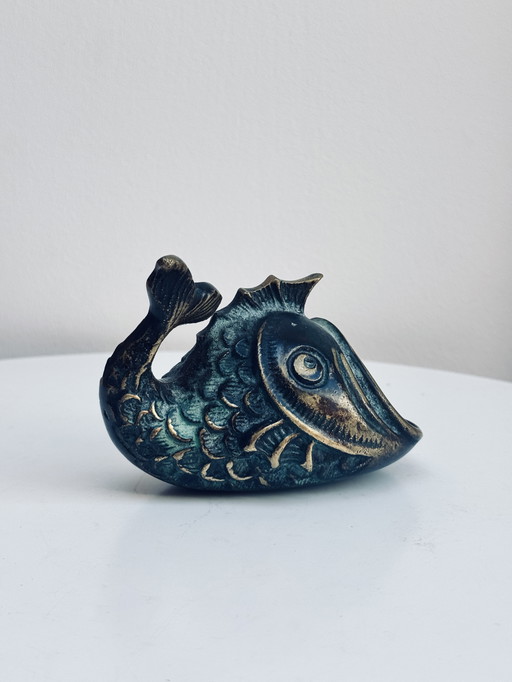 Walter Bosse Vintage Vis Asbak - Gepatineerd Messing Vangschaal - Mid Century Verdigris Decor