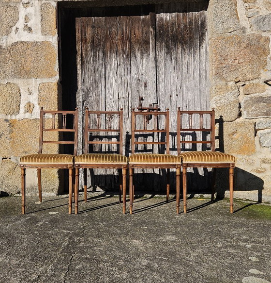 Image 1 of Set of 4 Antique handcarved Walnut Chairs - Upholstered wooden Side Chairs-Claude Sené Style Louis XVI-late 1900th