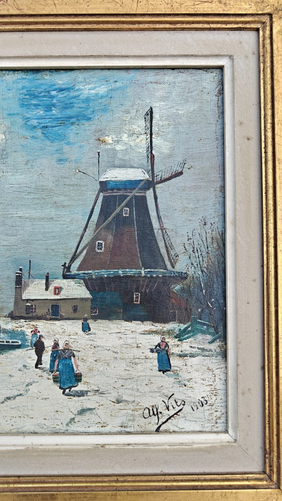 Dutch winter landscape, 32cm x 24cm. – Paintings & Drawings, Wood, Canvas (photo 5 of 12)