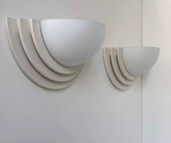 Image 1 of Paar geometrische wandlampen van gips en gezandstraald glas, Frankrijk 1970