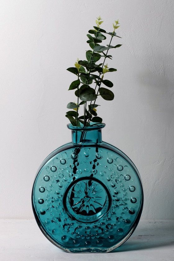 Image 1 of Large Vintage Teal Sunburst Blue Bubble Glass Vase / Erich Jachmann for WMF / 1960s