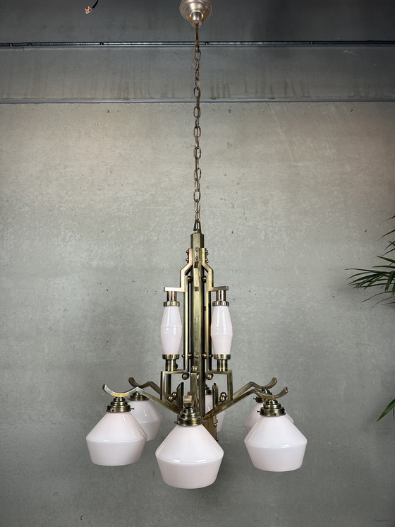 Image 1 of Art Deco chandelier - opaline and brass