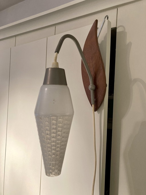 Mid-century wall lamp with pressed glass shade and wooden wall plate