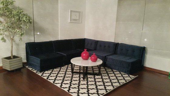 Donkerblauwe modulaire bank, Modulaire banken, Fluweel, Textiel, Modern (foto 5 van 10)