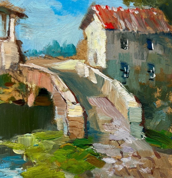 Image 1 of Original Oil Painting Village Bridge Landscape: The Bridge Leading to the City