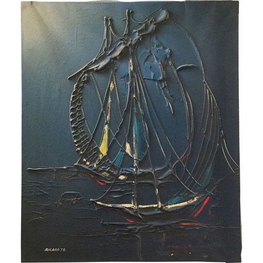 Vintage nautische Malerei Schiff "Ricard 78" Spanisch Acryl, Spanien 1970