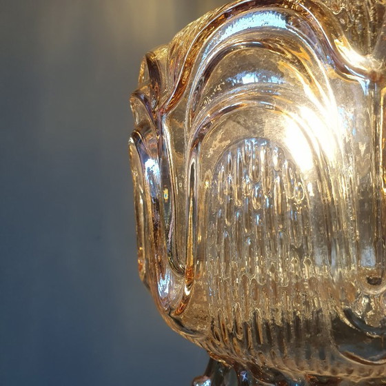 Image 1 of Set of 2 Vintage textured rose / amber tinted pendant lamps - mid-century design.