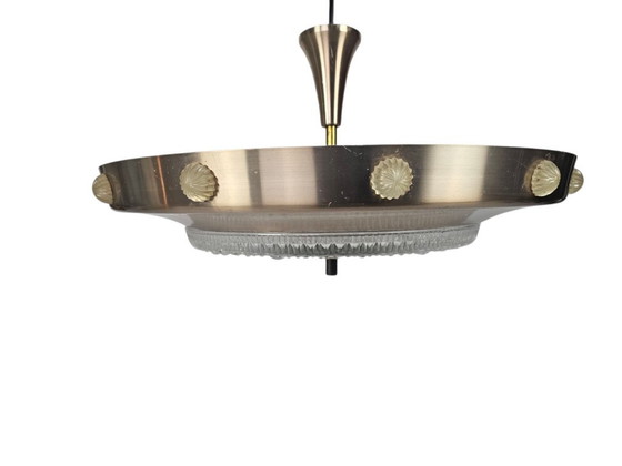 Image 1 of Lampada a sospensione UFO in stile Lakro - Vintage - 'Champagne gold' - vetro - anni '70