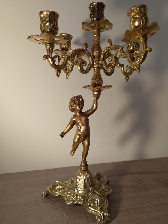 Image 1 of Candélabres baroque en laiton massif style baroque Louis xv chérubin putti 