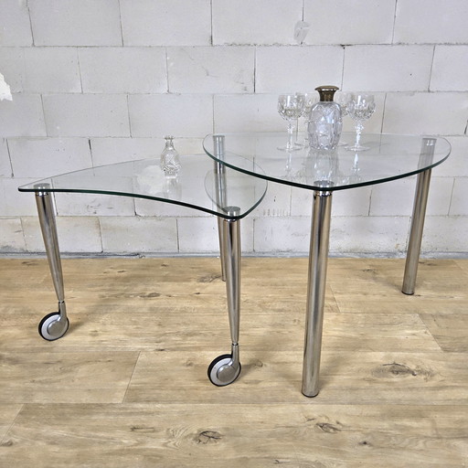 Unique retro chrome glass customizable coffee table 2 tops / floors on wheels