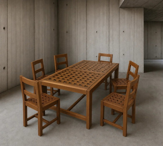 6 Stühle / Esstisch aus Eiche / Durchbrochene Tischplatte / 2 eingelegte Glasplatten / Offen gewebte (photo 7 of 9)