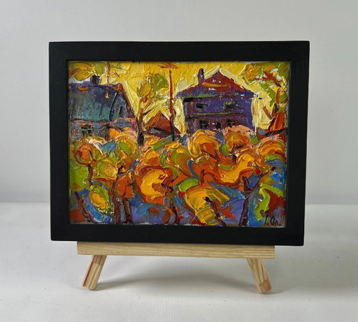 Original Oil Painting Sunset Village Landscape Autumn yellow sunset