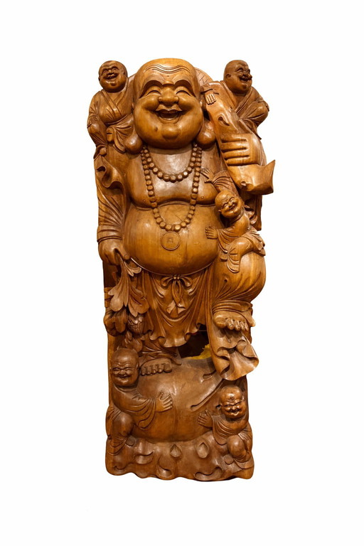 Antique Life-Size Hand-Carved Wooden Buddha (Budai) – Exceptional Statement Piece