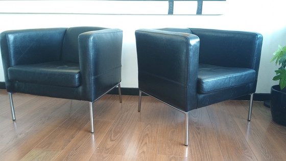 Image 1 of 2x Leather Vintage Ikea Klappsta cube chairs