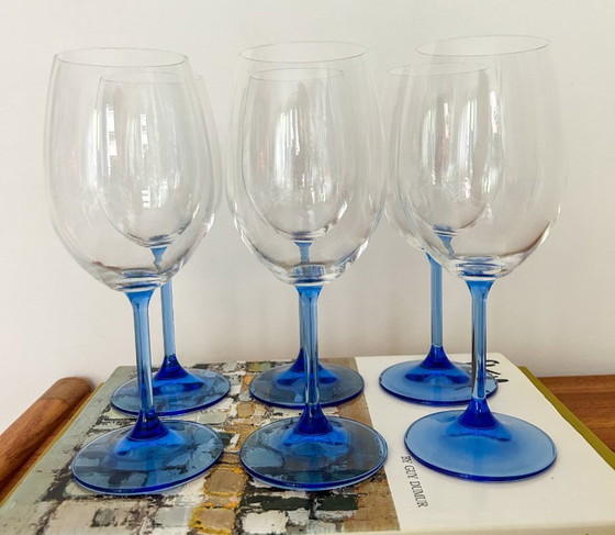 Image 1 of 6x vintage red wine glasses light blue stem