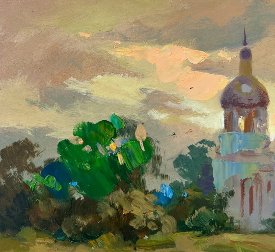 Image 1 of Original Oil Painting Evening City Landscape Church over the river