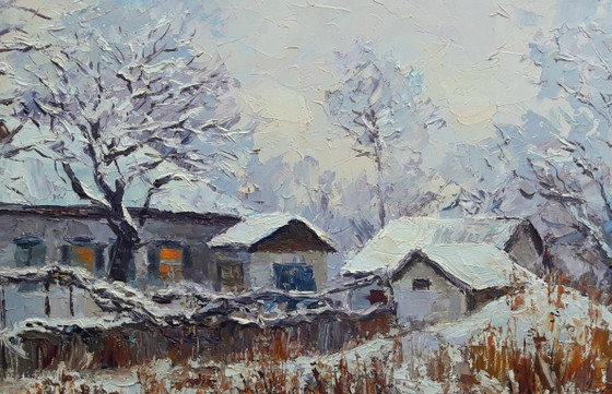 Origineel Olieverfschilderij Landelijk Landschap Dorpshuis Winteravond – Schilderijen & Tekeningen, Canvas (photo 6 of 8)