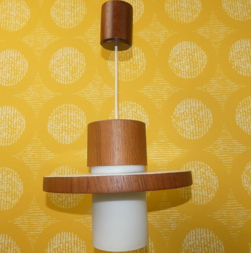 elegante kleine 60s hanglamp plafondlamp teak opaal glas