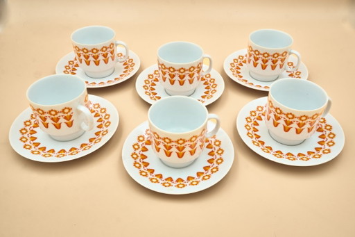 6 Midcentury Porcelain Coffee Cups & Saucers, EPIAG, Czechoslovakia