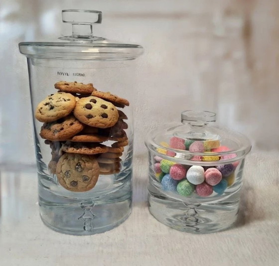 Image 1 of Set of 2 Vintage Krosno Bonny Bonbonnières Mouth-blown Crystal Glass with Lid