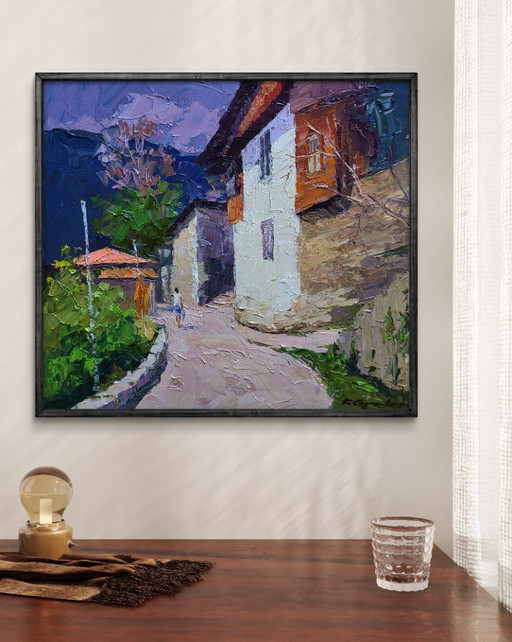 Original Oil Painting Summer Landscape City Motif Historical Street of the City – schilderijen tekeningen (photo 2 of 7)
