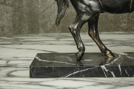 Image 1 of c. 1940 – Pair of Horses in Silvered Brass on Black Marble – France